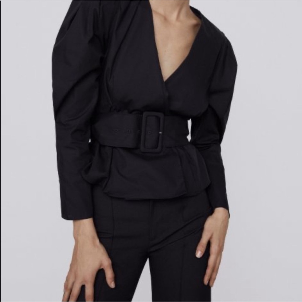 Zara brand new cotton Elegant Black Jacket style belted top - Picture 2 of 5